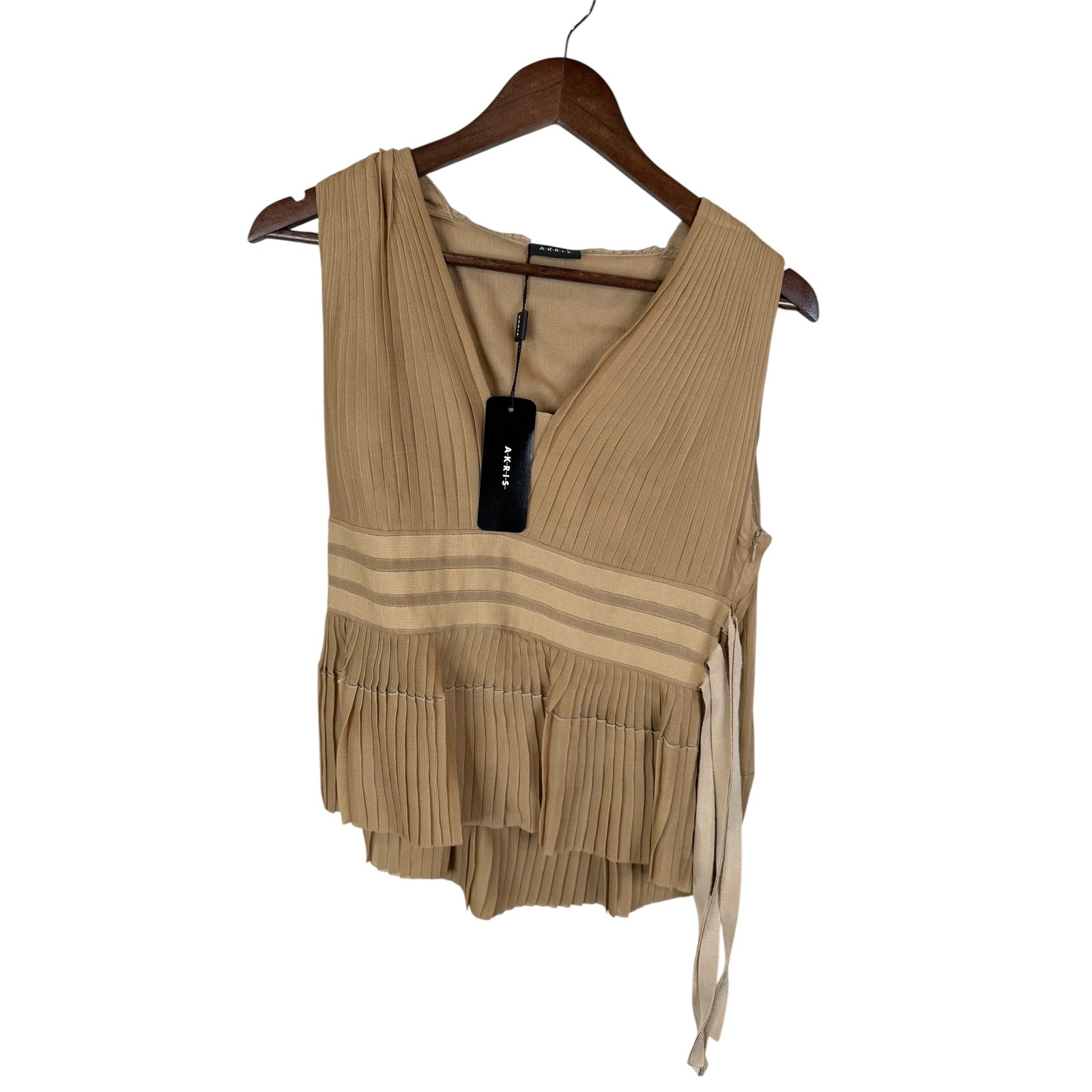 Akris Sand Beige Abstract Art Silk Pleated V-Neck Sleeveless Blouse Size 6 Nwt